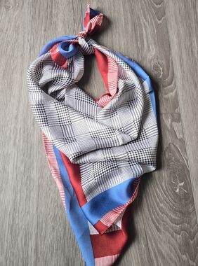 Vintage Glen Plaid Square Scarf | Red Blue Colorblock 27" Silk Feel Head Scarf